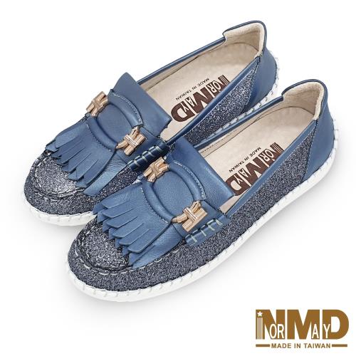 【Normady 諾曼地】氣質流蘇手縫鑽紗真皮磁力厚底氣墊球囊休閒懶人鞋-MIT手工鞋(冰河藍)