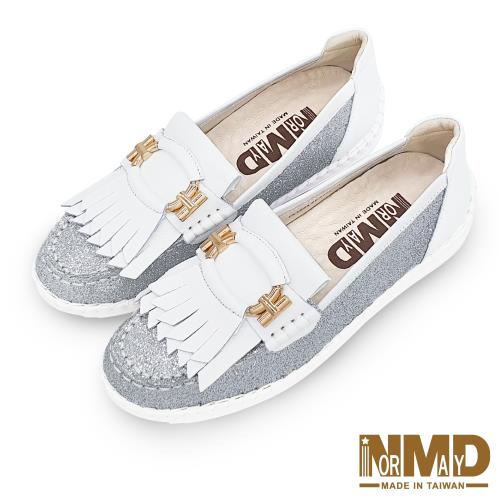 【Normady 諾曼地】氣質流蘇手縫鑽紗真皮磁力厚底氣墊球囊休閒懶人鞋-MIT手工鞋(精靈白)