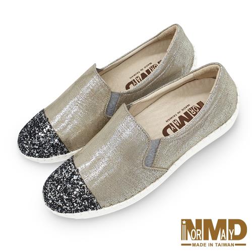 【Normady 諾曼地】韓系拼接鑽紗磁石厚底內增高真皮球囊懶人鞋-MIT手工鞋(時尚金)