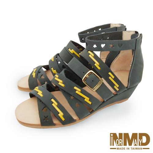 【Normady 諾曼地】經典交叉真皮中跟楔型涼鞋-MIT手工鞋(氣質灰)