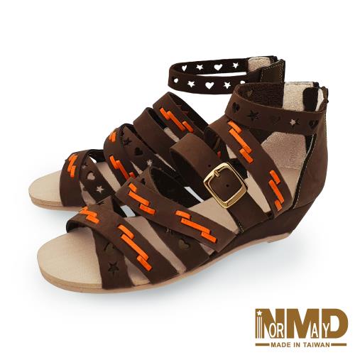 【Normady 諾曼地】經典交叉真皮中跟楔型涼鞋-MIT手工鞋(優雅棕)