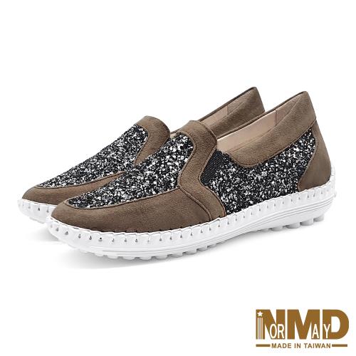 【Normady 諾曼地】+6cm 拼接鑽紗磁力內增高厚底氣墊球囊休閒鞋-MIT手工鞋(率性咖)