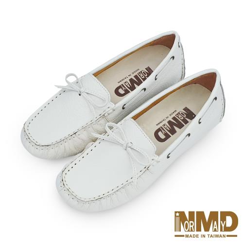 【Normady 諾曼地】經典時尚素面荔紋真牛皮弓支撐磁石內增高樂福豆豆鞋-MIT手工鞋(時尚白)
