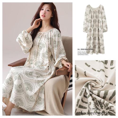  AKARA 秒殺爆款 清新優質舒適穿葉脈長袖居家服洋裝 ( 秋冬 睡衣 居家服 洋裝 長版 中大尺碼 )