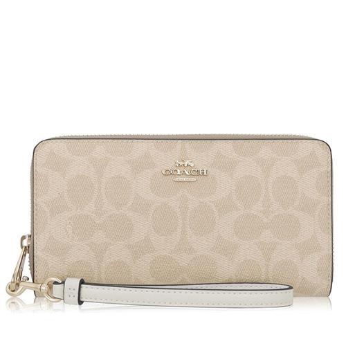 COACH 經典 PVC / 手腕式 / 拉鏈 長夾_沙黃白
