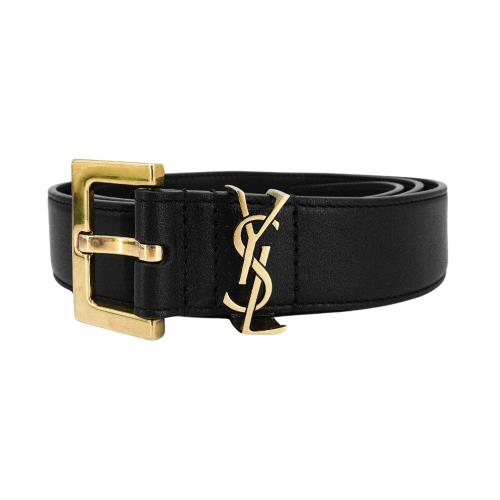 Ysl Cassander 滑面牛皮金logo方釦腰帶(634437-黑)