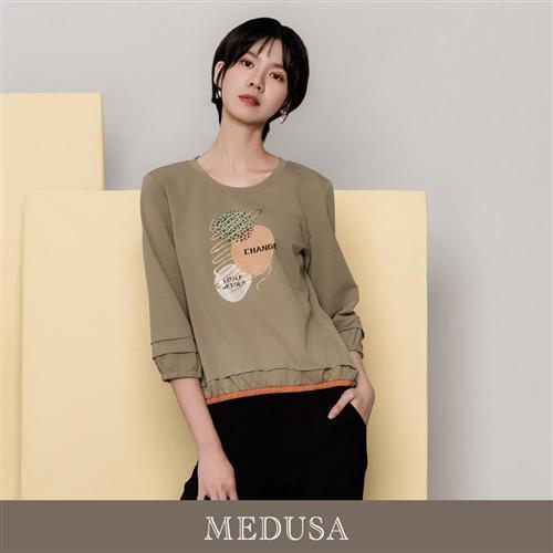 現貨【MEDUSA 曼度莎】橘邊壓褶泡泡袖T恤（M-XL）｜女休閒上衣 女長袖T恤
