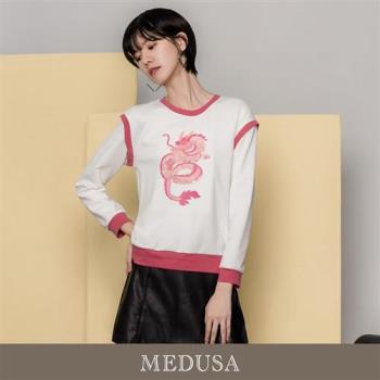 現貨【MEDUSA 曼度莎】粉色拼接亮片龍刺繡大學T（M-XL）｜女休閒上衣 長袖上衣