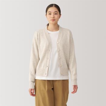 女羊毛可水洗中密織V領開襟衫 粉米【MUJI 無印良品】
