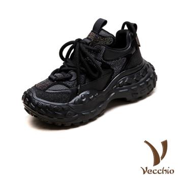 【VECCHIO】真皮燙鑽厚底休閒老爹鞋/真皮頭層牛皮閃耀燙鑽拼接厚底休閒老爹鞋 女鞋 黑