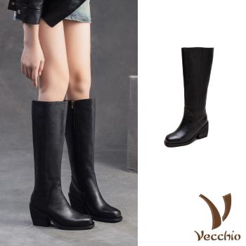 【VECCHIO】全真皮純色粗跟長靴/全真皮頭層牛皮百搭經典純色粗跟長靴 女鞋 黑