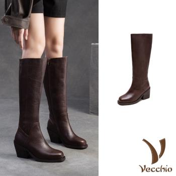 【VECCHIO】全真皮純色粗跟長靴/全真皮頭層牛皮百搭經典純色粗跟長靴 女鞋 咖