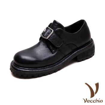 【VECCHIO】全真皮馬皮休閒樂福鞋/全真皮細膩馬皮復古搭釦樂福鞋 休閒鞋 女鞋 黑