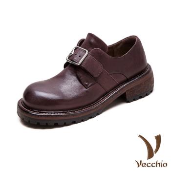 【VECCHIO】全真皮馬皮休閒樂福鞋/全真皮細膩馬皮復古搭釦樂福鞋 休閒鞋 女鞋 咖
