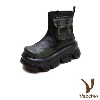 【VECCHIO】全真皮小口袋設計厚底短靴/全真皮頭層牛皮復古小口袋設計厚底短靴 女鞋 黑