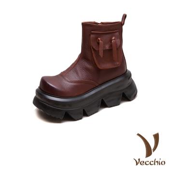 【VECCHIO】全真皮小口袋設計厚底短靴/全真皮頭層牛皮復古小口袋設計厚底短靴 女鞋 棕