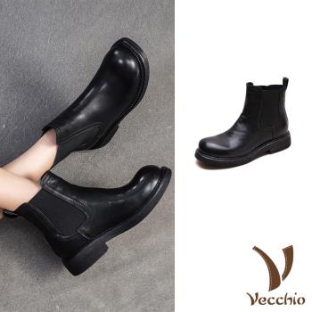 【VECCHIO】馬皮英倫切爾西短靴/全真皮細膩馬皮經典英倫風切爾西短靴 女鞋 黑