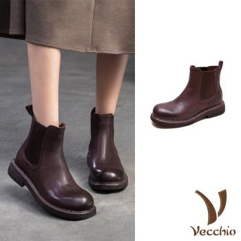 【VECCHIO】馬皮英倫切爾西短靴/全真皮細膩馬皮經典英倫風切爾西短靴 女鞋 咖