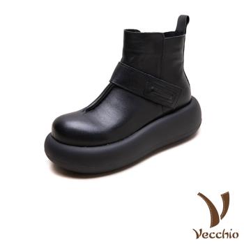 【VECCHIO】真皮手縫厚底短靴/真皮頭層牛皮復古手工立體縫線一字帶設計厚底短靴 女鞋 黑