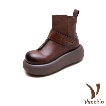 【VECCHIO】真皮手縫厚底短靴/真皮頭層牛皮復古手工立體縫線一字帶設計厚底短靴 女鞋 咖