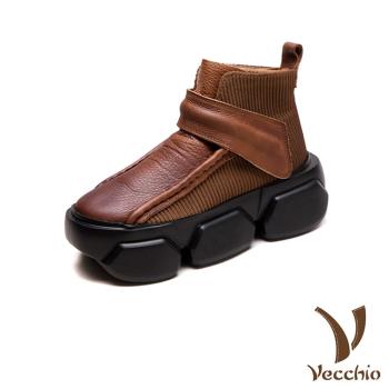 【VECCHIO】全真皮魔鬼粘輕量厚底短靴/全真皮頭層牛皮立體雙縫線魔鬼粘造型輕量厚底短靴 女鞋 棕
