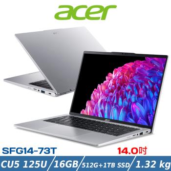 (規格升級)ACER 宏碁 14吋AI筆電 SFG14-73T-57VD (Ultra 5 125H/16G/512G+1TB SSD/銀)