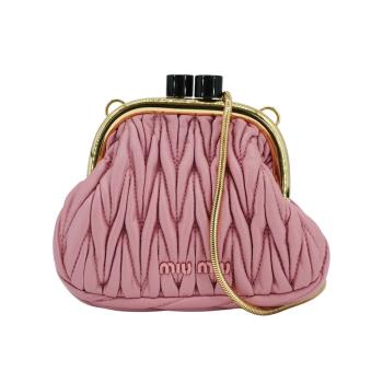 二手品 Miu Miu Belle 納帕皺褶羊皮迷你斜背晚宴包(玫瑰粉)