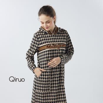 【Qiruo 奇若】秋冬專櫃咖啡格紋洋裝4182F連帽洋裝