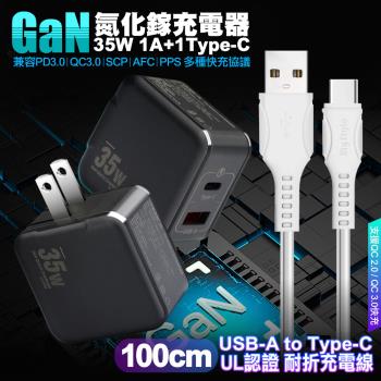 VOORCA精裝1C+1A孔35W氮化鎵充電器(黑)+MyStyle 國際UL認證線 USB to Type-C 快充線100cm