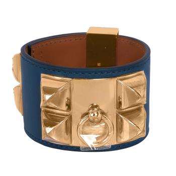 展示商品 HERMES 霧面小牛皮 鉚釘金釦CDC手環 (S)(藍色)