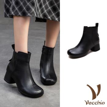 【VECCHIO】真皮純色粗跟短靴/真皮頭層牛皮經典純色百搭粗跟短靴 女鞋 黑