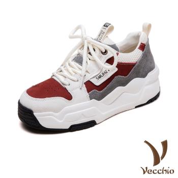 【VECCHIO】真皮拼接輕量厚底休閒老爹鞋/真皮頭層牛皮復古拼接撞色輕量厚底休閒鞋 老爹鞋 女鞋 紅