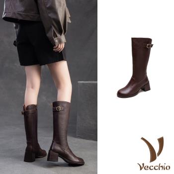 【VECCHIO】全真皮顯瘦粗跟長靴/全真皮頭層牛皮修飾顯瘦版型粗跟長靴 女鞋 咖