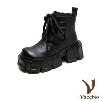 【VECCHIO】全真皮繫帶厚底粗跟休閒短靴/全真皮頭層牛皮繫帶厚底粗跟時尚休閒短靴 女鞋 黑