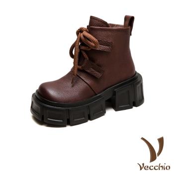 【VECCHIO】全真皮繫帶厚底粗跟休閒短靴/全真皮頭層牛皮繫帶厚底粗跟時尚休閒短靴 女鞋 棕