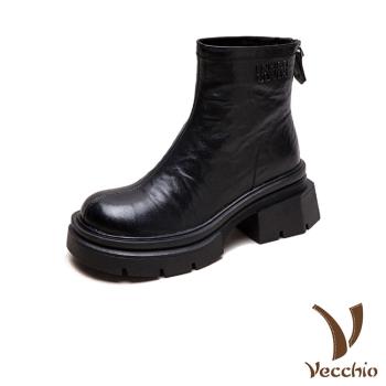 【VECCHIO】羊皮保暖後拉鍊粗跟短靴/真皮細膩羊皮保暖機能後拉鍊粗跟短靴 女鞋 黑