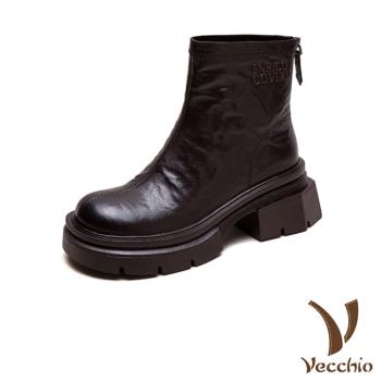【VECCHIO】羊皮保暖後拉鍊粗跟短靴/真皮細膩羊皮保暖機能後拉鍊粗跟短靴 女鞋 棕