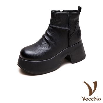 【VECCHIO】真皮輕量厚底粗跟短靴/真皮頭層牛皮經典小圓頭輕量厚底粗跟短靴 女鞋 黑