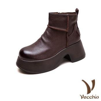 【VECCHIO】真皮輕量厚底粗跟短靴/真皮頭層牛皮經典小圓頭輕量厚底粗跟短靴 女鞋 棕