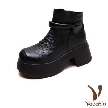 【VECCHIO】真皮包跟輕量厚底粗跟短靴/真皮頭層牛皮復古包跟一字帶輕量厚底粗跟短靴 女鞋 黑