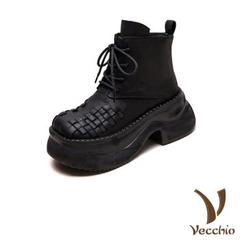 【VECCHIO】全真皮編織繫帶厚底馬丁靴/全真皮頭層牛皮復古立體編織繫帶厚底馬丁靴 女鞋 黑