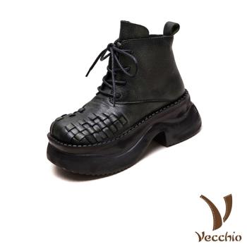 【VECCHIO】全真皮編織繫帶厚底馬丁靴/全真皮頭層牛皮復古立體編織繫帶厚底馬丁靴 女鞋 綠