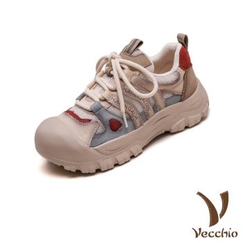 【VECCHIO】真皮網布圓頭厚底運動鞋/真皮頭層牛皮透氣網布拼接可愛圓頭厚底運動鞋 女鞋 紅