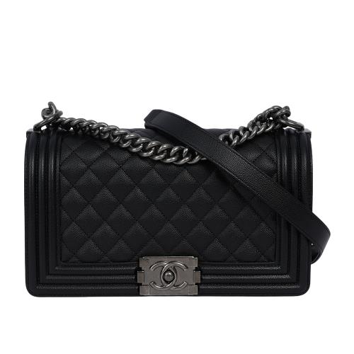 CHANEL 荔枝牛皮菱格紋銀釦 Boy Chanel 25cm(黑色)