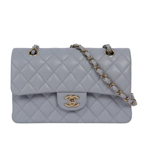 二手商品9.5成新_CHANEL 淡金釦菱格紋牛皮23cm COCO包(灰色)