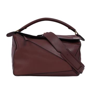 二手商品8.8成新 LOEWE Puzzle 拼圖粒面小牛皮手提/斜背兩用包(大款)(棕紅色)