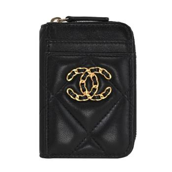 CHANEL AP2701 經典19小羊皮ㄇ字拉鍊卡片零錢包.黑/金