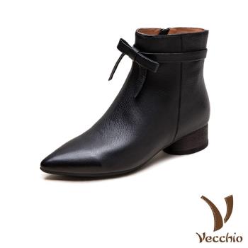 【VECCHIO】全真皮蝴蝶結尖頭低跟短靴/全真皮頭層牛皮細緻蝴蝶結造型尖頭低跟短靴 女鞋 黑