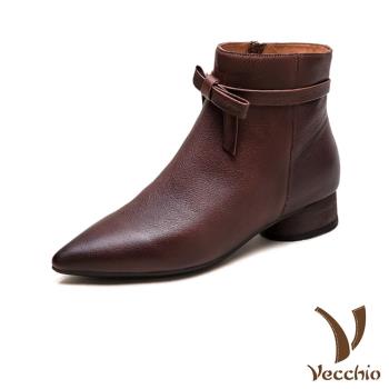 【VECCHIO】全真皮蝴蝶結尖頭低跟短靴/全真皮頭層牛皮細緻蝴蝶結造型尖頭低跟短靴 女鞋 咖