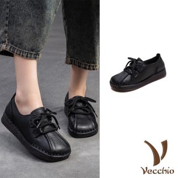 【VECCHIO】真皮軟面繫帶平底休閒鞋/真皮頭層牛皮復古軟面繫帶平底休閒鞋 女鞋 黑